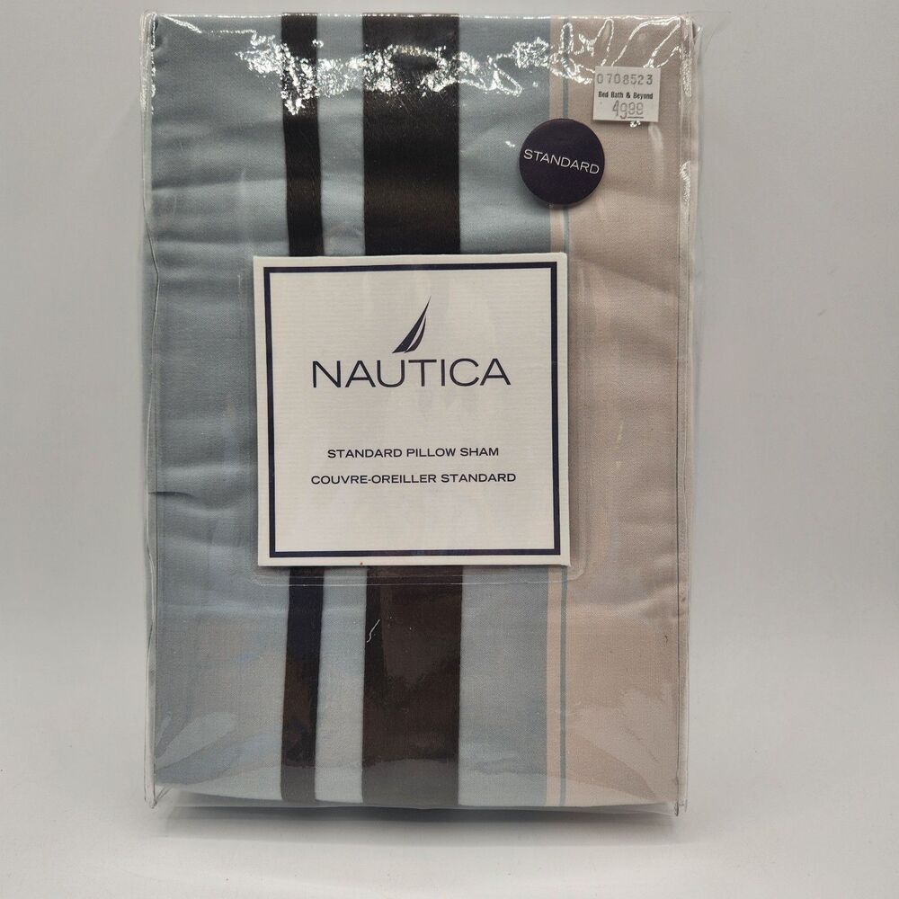 Nautica West End One Standard Pillow Sham 20 x 26 Cotton Teal Brown Tan Stripes